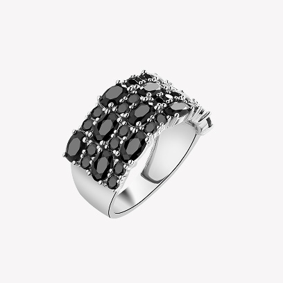 Silver ring with black zircons