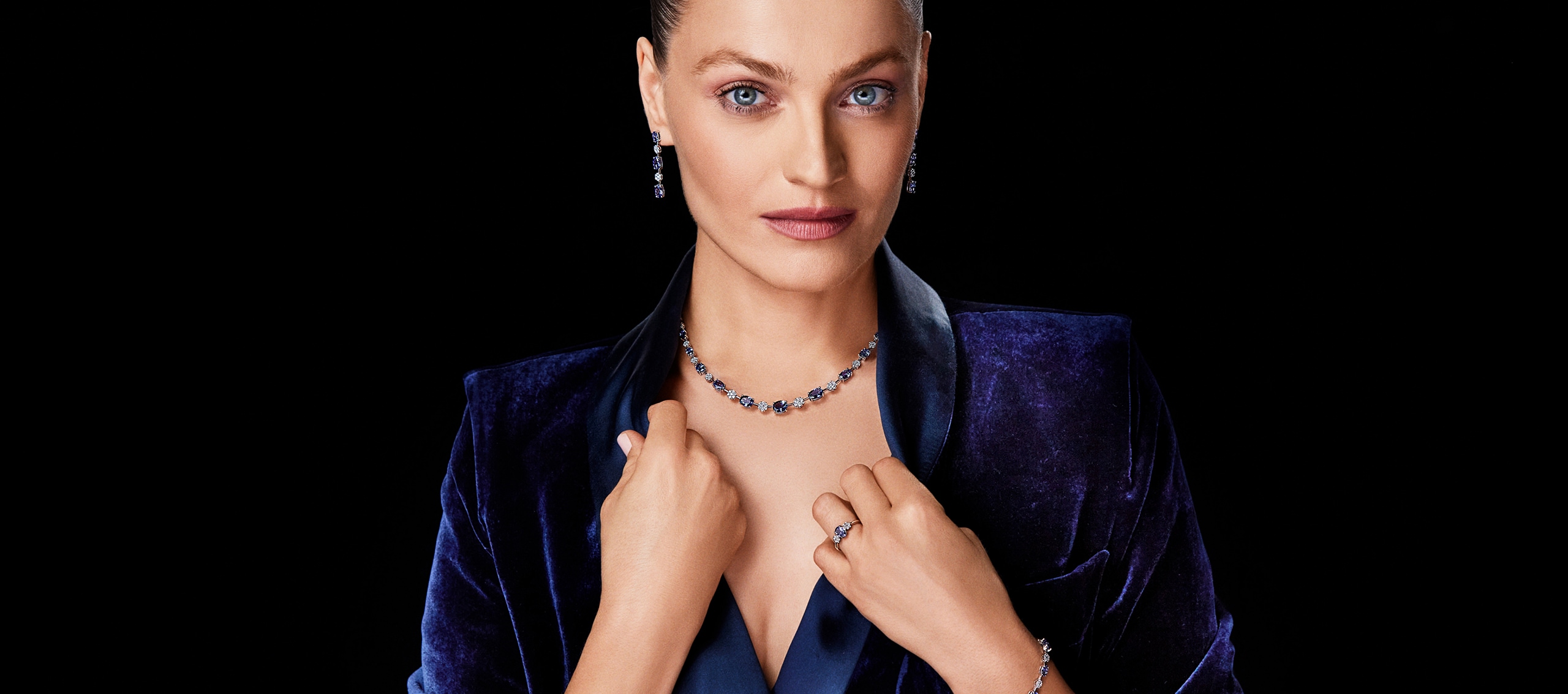 Model Anna Jagodzińska wearing a diamond jewelry set