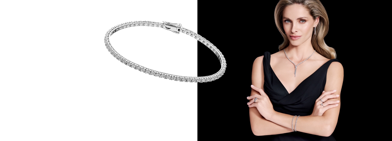 A model showcasing a white gold and diamond jewelry set—a bracelet, necklace, earrings, and rings