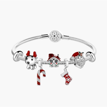 Silver bead bracelet with cubic zirconia - bauble, snowman, star, reindeer, Christmas tree