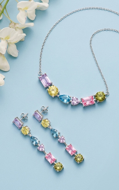 Silver earrings and necklace with colored stones