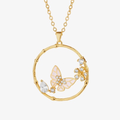 Złoty łańcuszek z okrągłą zawieszka i motylkiem w środku z kolekcji Likie Butterfly od Artelioni