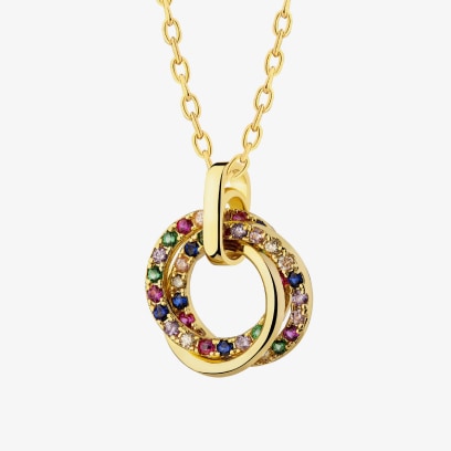 Złoty naszyjnik z zawieszką z dwóch przeplatanych kółek wysadzanych kolorowymi cyrkoniami