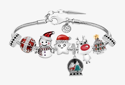 Bransoletka srebrna beads z cyrkoniami - bombka, bałwan, gwiazda, renifer, choinka