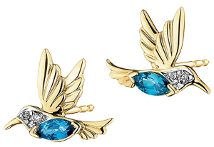 Kolczyki z żółtego złota z diamentami i topazami London Blue - kolibry