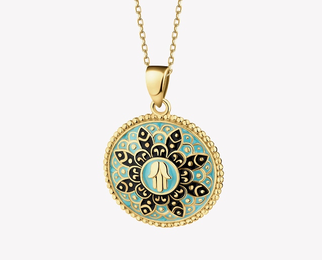 Złota zawieszka z emalią - rozeta, ręka Fatimy