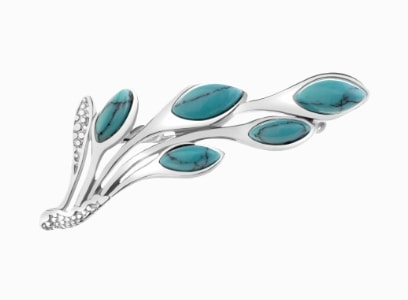 Broszka srebrna z turkusami syntetycznymi - liście