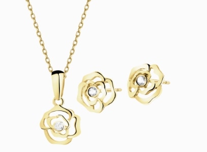 Złote kolczyki i zawieszka z cyrkoniami - komplet - kwiaty