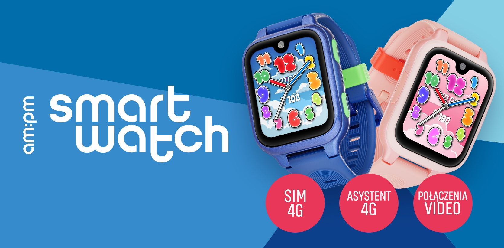 Dwa dziecięce smartwatche marki am:pm - niebieski, różowy
