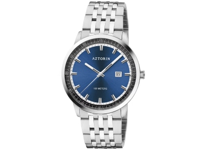 Srebrny zegarek z niebieską kopertą marki Aztorin