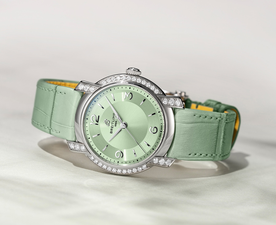 Zegarek Breitling Lady Premier Automatic 36 - zielona stalowa koperta oraz zielony skórzany pasek