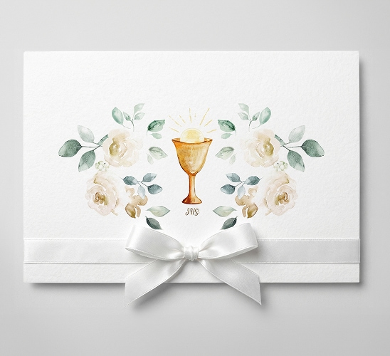 Biała kartka podarunkowa z kwiatkami i napisem IHS