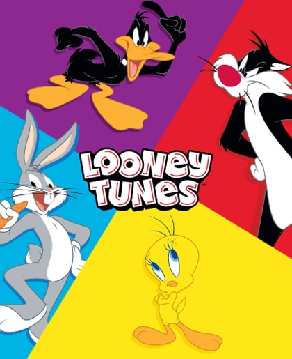 Plakat z postaciami z kreskówki Looney Tunes – Bugs Bunny, Tweety, Sylwester i Daffy Duck – na kolorowym tle z napisem ‘Looney Tunes