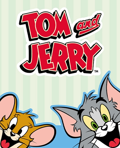 Plakat z kreskówki Tom and Jerry przedstawiający Toma i Jerry’ego uśmiechających się na tle w pastelowych odcieniach, z dużym napisem ‘Tom and Jerry