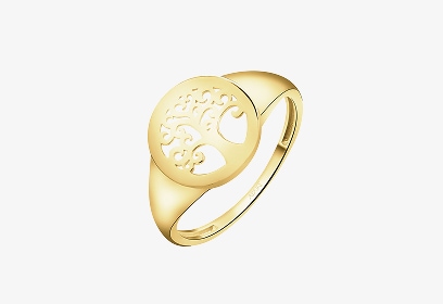 Zloty pierścionek w wycięciem na górze w kształcie drzewka