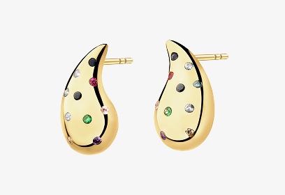 Złote kolczyki w kształcie łezki z kolorowymi cyrkoniami
