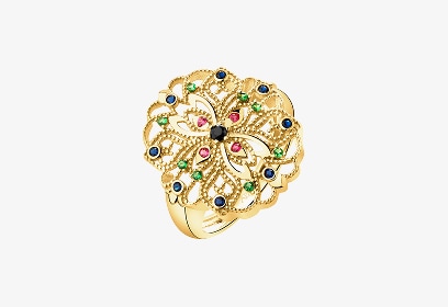 Złoty pierścionek z kolorowymi cyrkoniami w motywie rozety