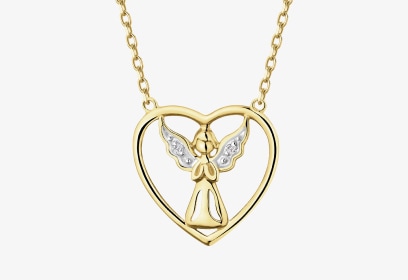 Naszyjnik z żółtego złota z diamentami - aniołek, serce