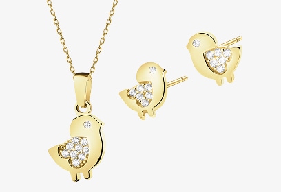 Złote kolczyki i zawieszka z cyrkoniami - komplet - ptaki