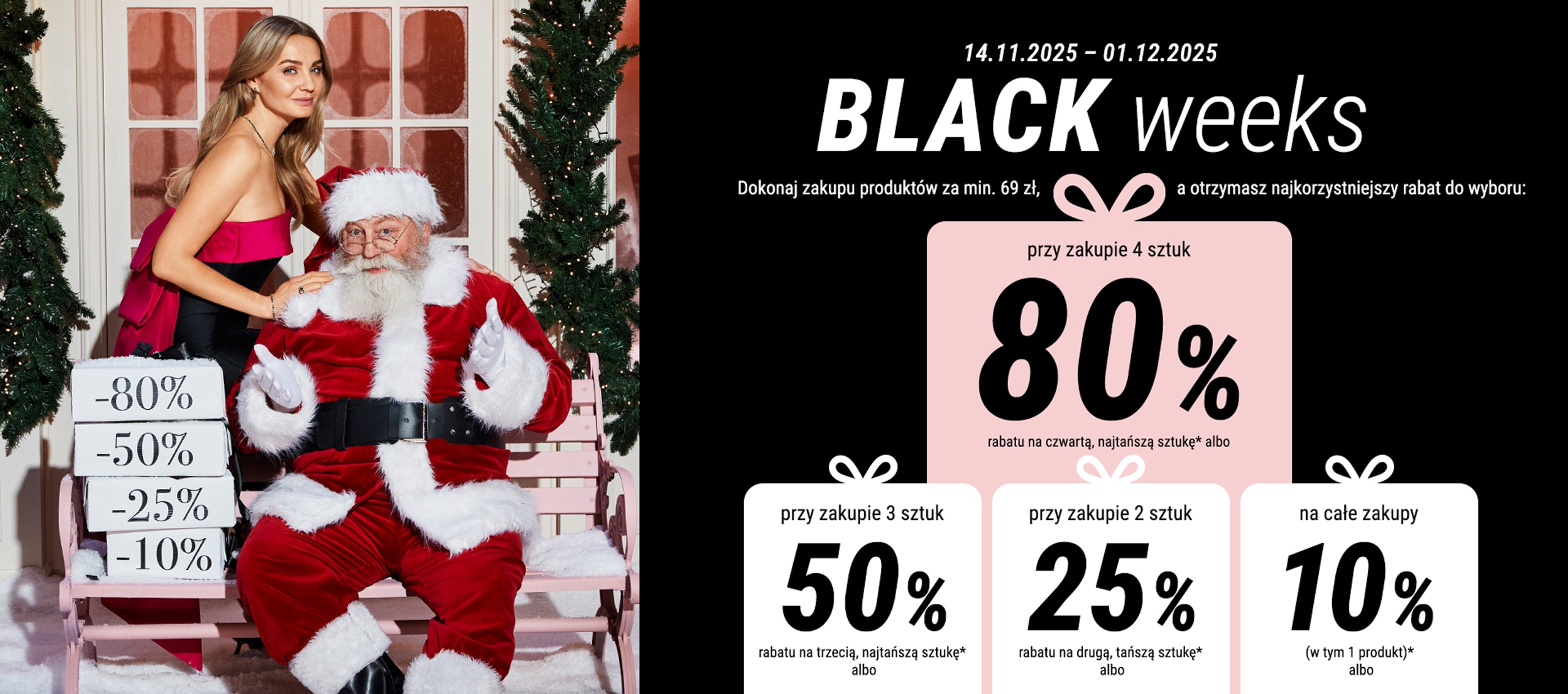 Małgorzata Socha razem ze świętym mikołajem prezentująca promocje na black week