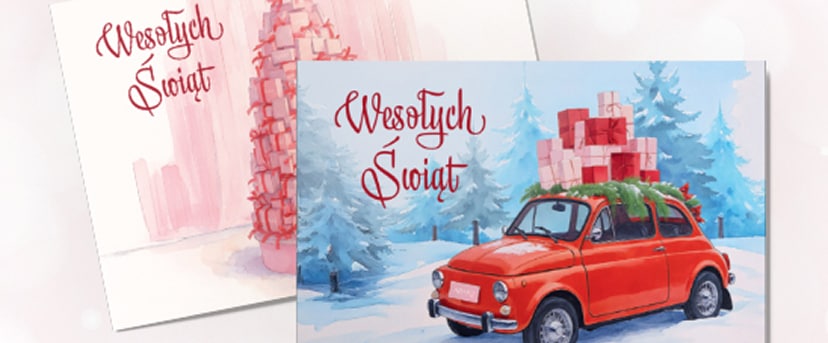 Dwie kartki świąteczne z napisem ‘Wesołych Świąt’. Na pierwszej widać czerwony samochód z choinką i prezentami na dachu, stojący w zimowym, ośnieżonym lesie. Na drugiej znajduje się różowa choinka na białym tle