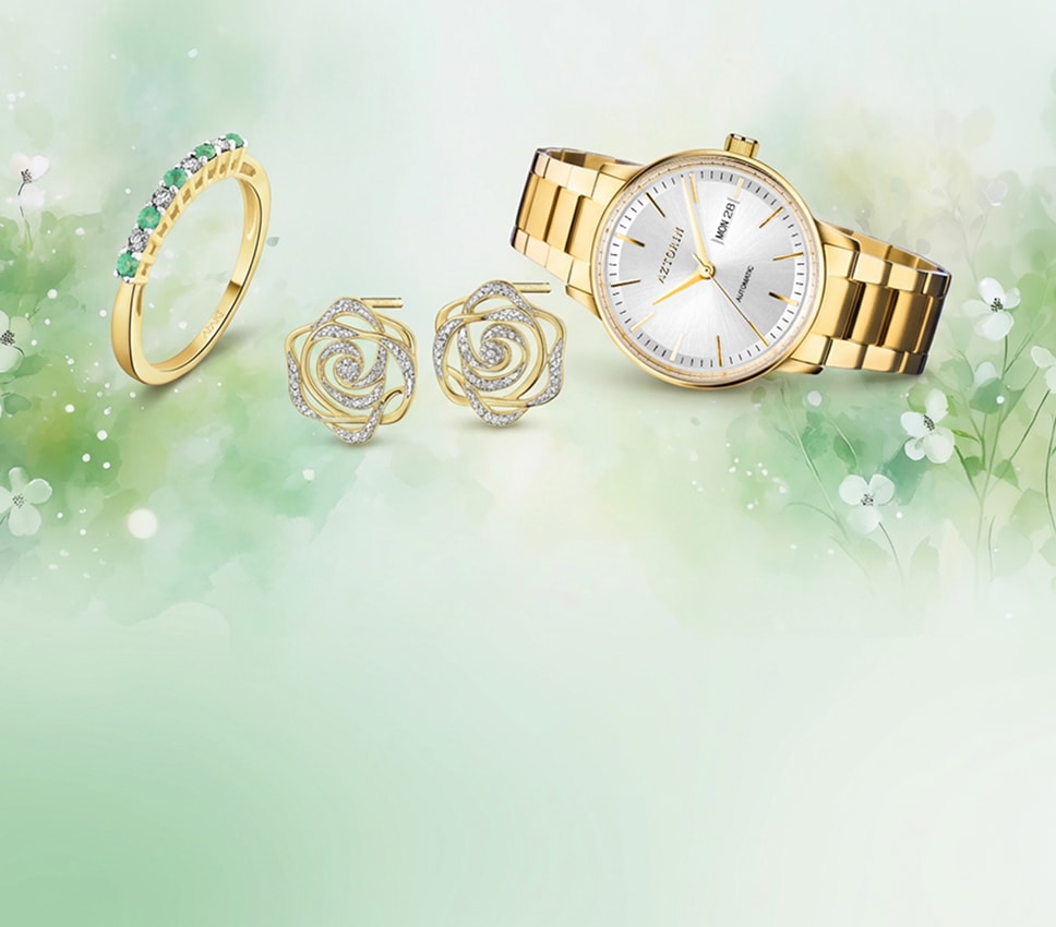 Złote kolczyki i pierścionek oraz damski zegarek marki aztorin