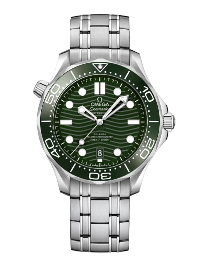 Męski stalowy zegarek z zieloną tarczą marki Omega