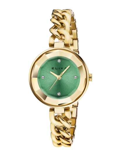 Damski zegarek w kolorze złota z zieloną kopertą marki Elixa