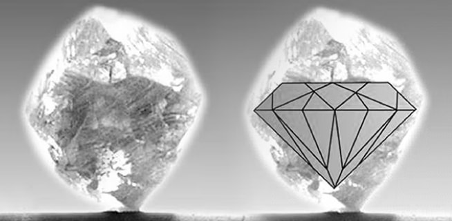 Dwa nieoszlifowane diamenty, na jeden diament nałożona grafika szlifu