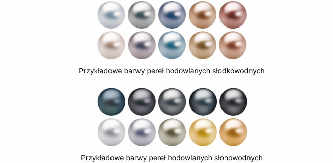 Paleta barw pereł hodowlanych słodkowodnych o jasnych odcieniach oraz słonowodnych o ciemnych i złotych tonach