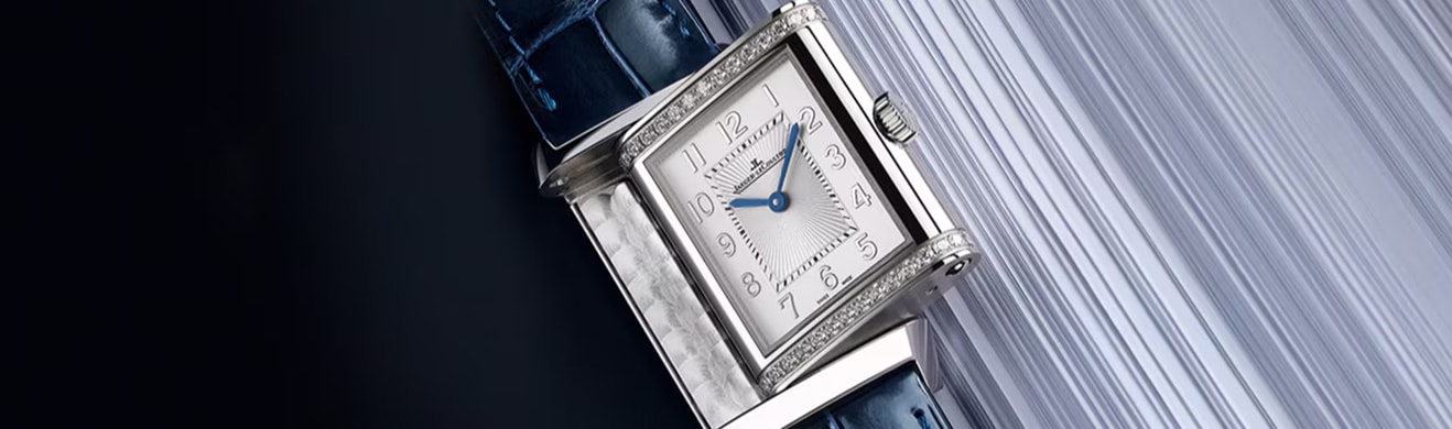 Jaeger-LeCoultre Reverso, zegarek z obrotową kopertą i dwoma tarczami - pasek skórzany granatowy