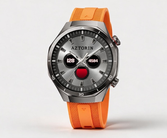 Męski smartwatch Aztorin ze stalową kopertą na pomarańczowym gumowym pasku