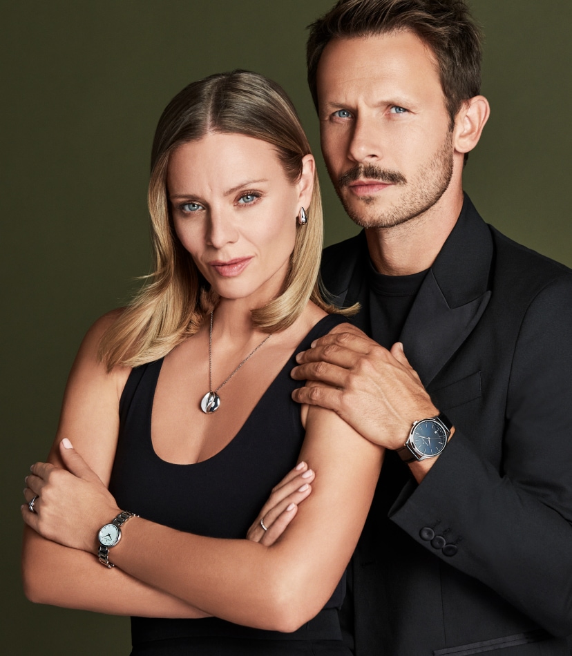 Magdalena Boczarska z Mateuszem Banasiukiem prezentują srebrną biżuterię: kolczyki, naszyjnik, pierścionki i zegarki Albert Riele Gala i Albert Riele Concerto