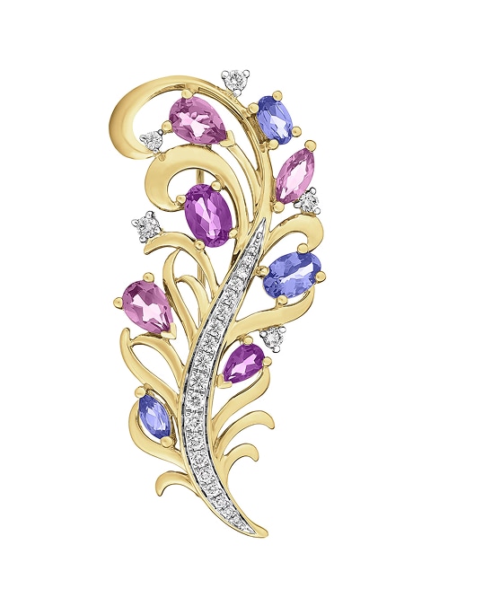 Broszka z żółtego złota z brylantami, kamieniami szlachetnymi i ozdobnymi - piórko