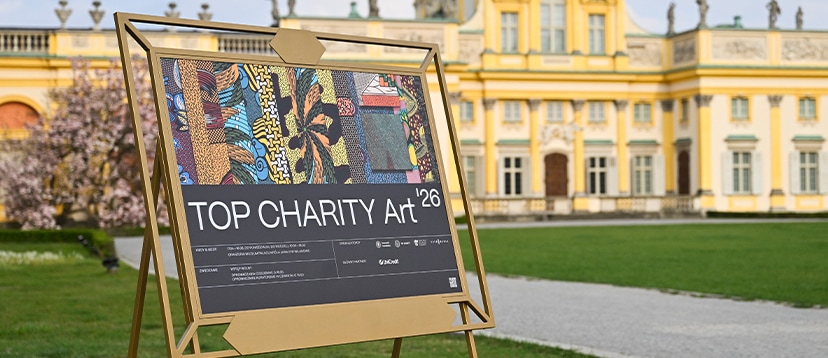 TOP CHARITY Art '26 – plakat wystawy charytatywnej na tle Pałacu w Wilanowie