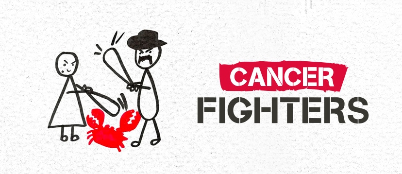 Cancer Fighters. Ilustracja przedstawiająca walczących z rakiem – kobieta i mężczyzna i atakują czerwonego kraba symbolizującego nowotwór.