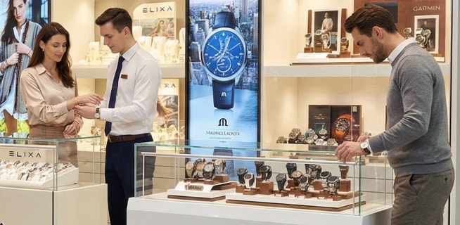 Salon sprzedażowy Apart z ekskluzywnymi zegarkami i biżuterią, gdzie obsługa pomaga klientom w wyborze produktów