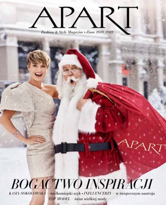 Magazyn Apart - na okładce Kasia Sokołowska ze świętym Mikołajem w zimowej aranżacji