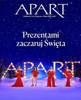 Magazyn Apart - na okładce Małgosia Socha, Julia Wieniawa, Magdalena Boczarska, Maria Dębska w czerwonych sukienkach na tle napisu APART w świątecznej aranżacji