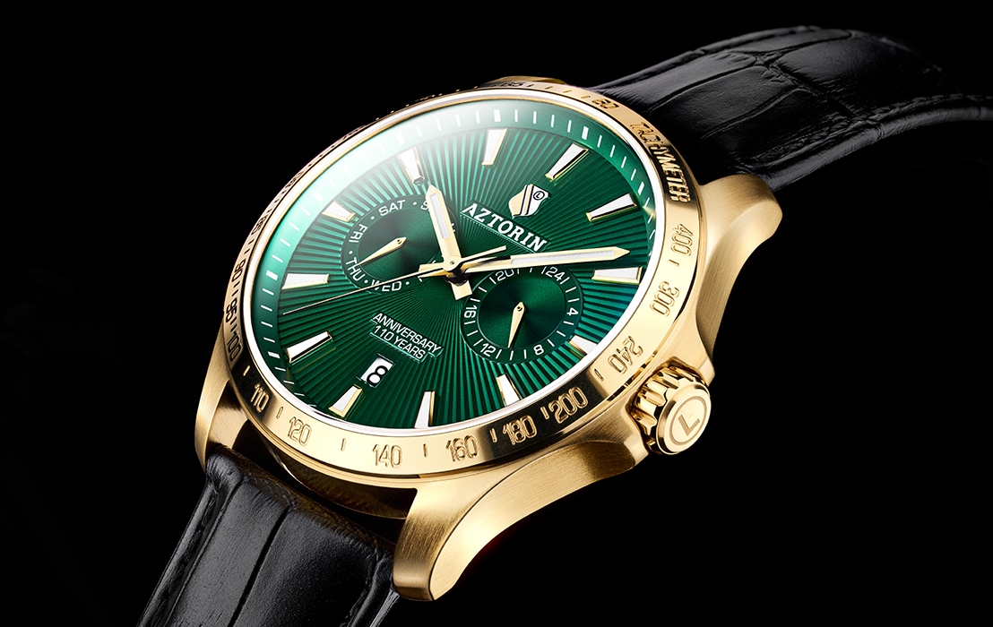 Zegarek męski marki Aztorin - skórzany pasek, koperta w kolorze złota