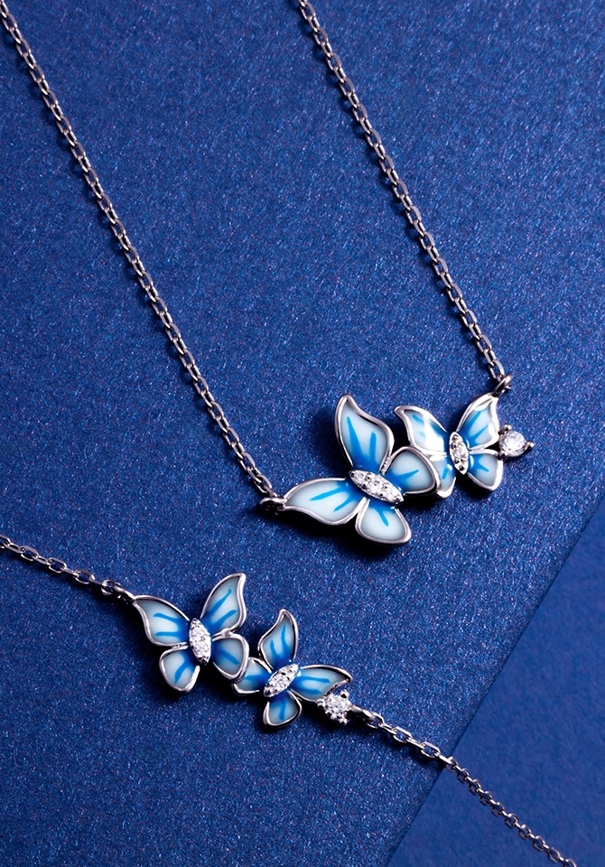 Naszyjnik i bransoletka srebrna z zawieszką motyla