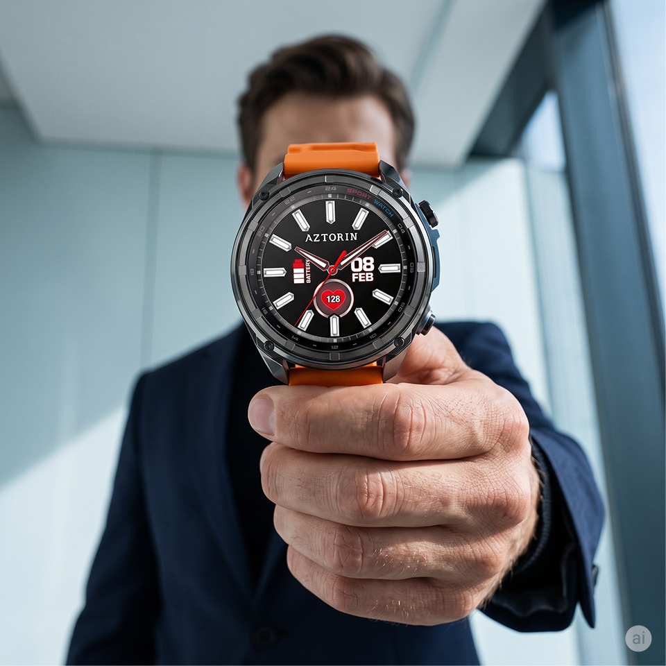Sportowy smartwatch męski z pomarańczowym paskiem prezentowany z bliska