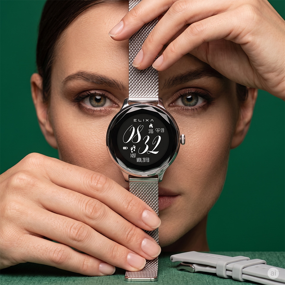 Elegancki smartwatch damski z metalową bransoletą na tle twarzy kobiety