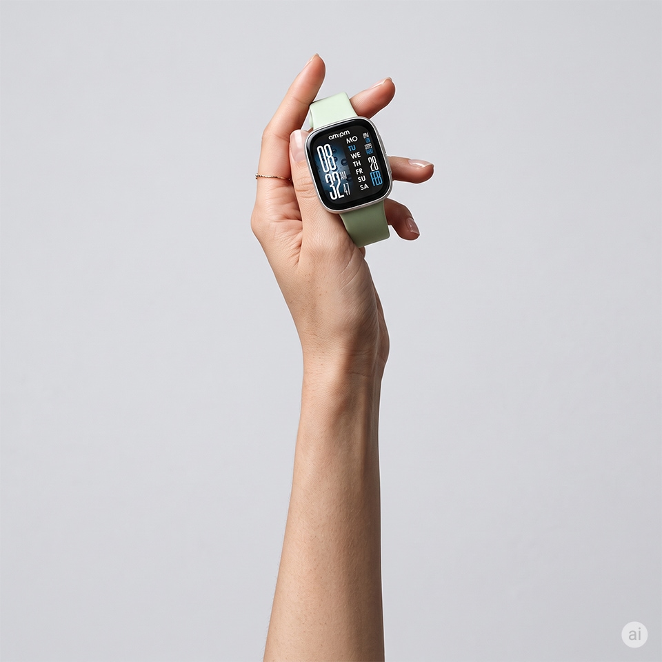 Smartwatch z zielonym paskiem trzymany w dłoni
