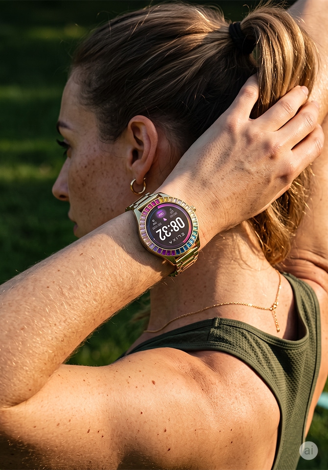 Smartwatch sportowy na nadgarstku kobiety podczas aktywności na świeżym powietrzu