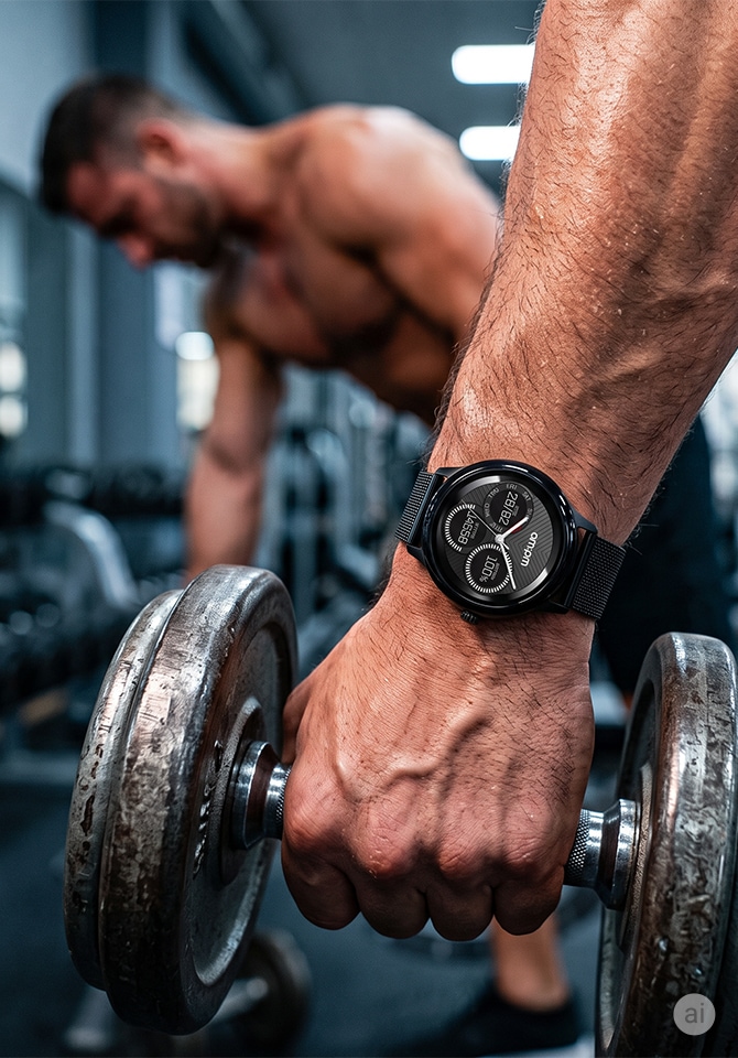 Smartwatch sportowy na nadgarstku mężczyzny podczas treningu z hantlami