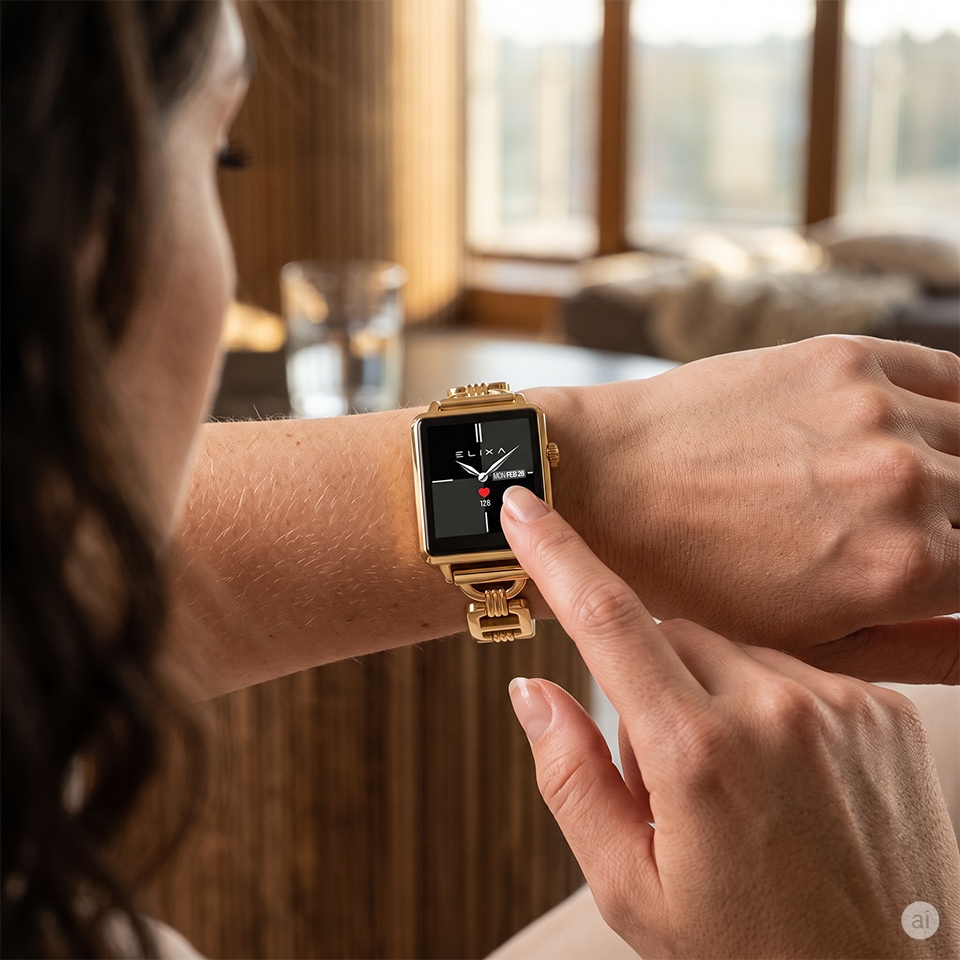 Elegancki smartwatch na nadgarstku kobiety z dotykowym ekranem