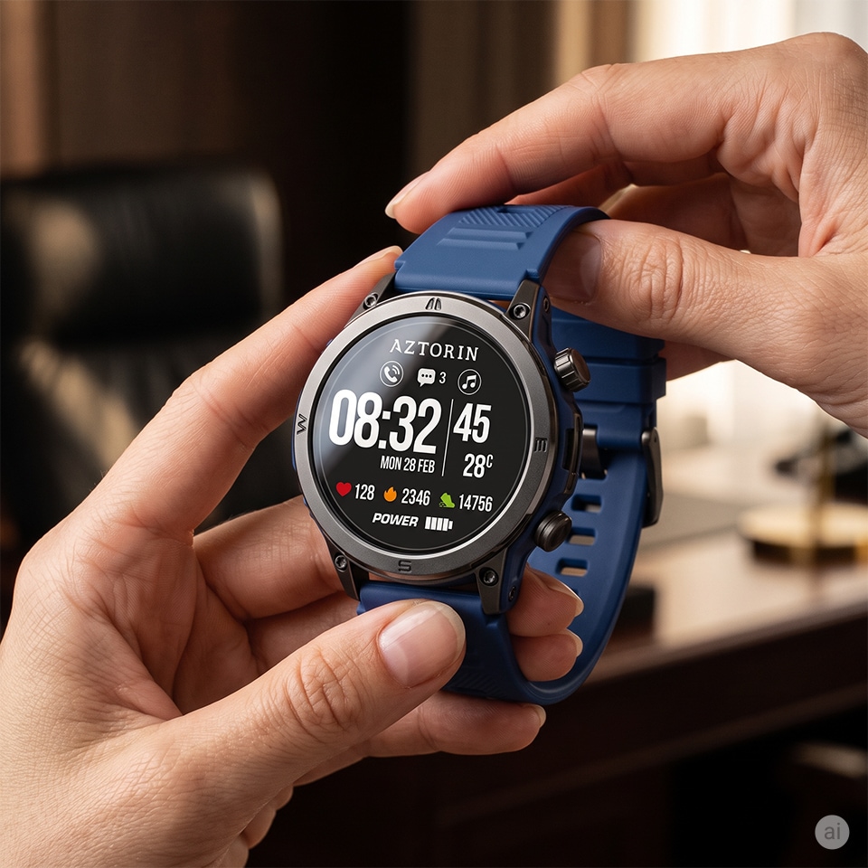 Smartwatch sportowy z niebieskim paskiem trzymany w dłoniach