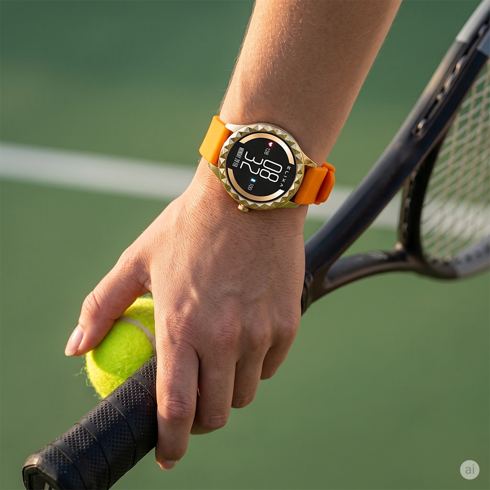 Smartwatch z pomarańczowym paskiem na nadgarstku tenisisty