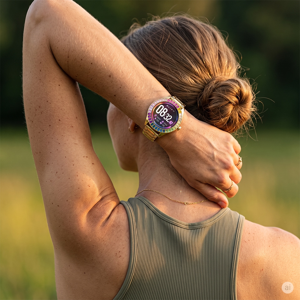 Smartwatch na nadgarstku kobiety podczas aktywności na świeżym powietrzu